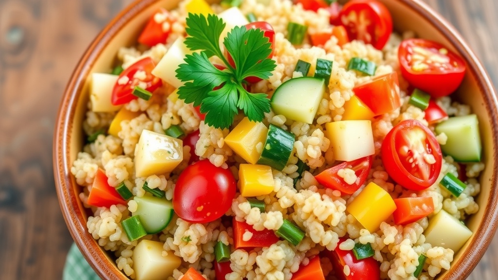 Refreshing Quinoa Salad with Citrus Dressing A colorful quinoa salad with bell peppers, cucumbers, and cherry tomatoes, garnished with parsley on a wooden table.